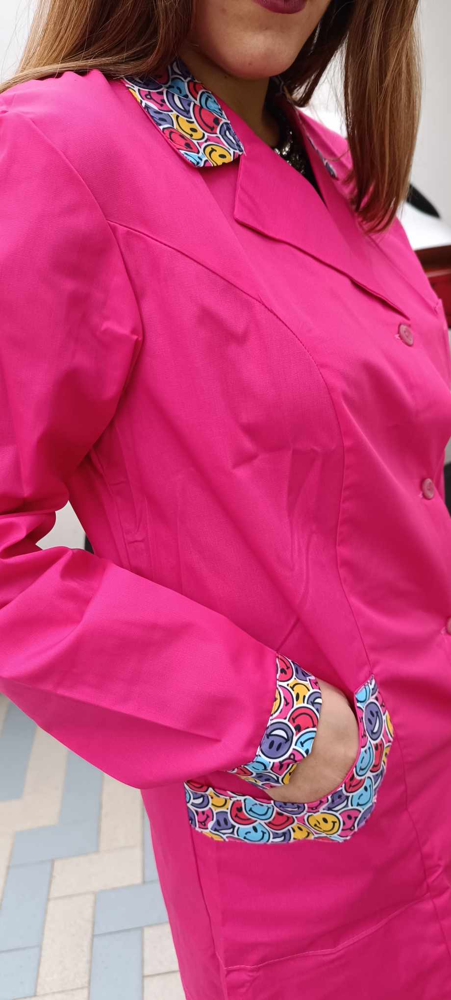 Camice da Lavoro Donna Slim Fucsia con Inserto Smile – Manica Lunga | Cod. 1312