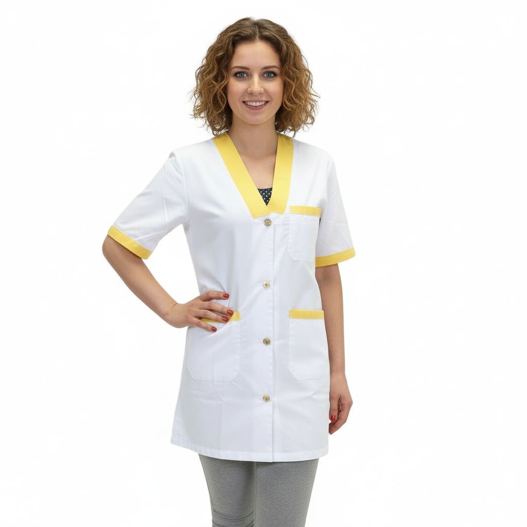 Casacca da Lavoro Donna Bianca con Profilo Giallo – Mezza Manica, Misto Cotone | Cod. 7609