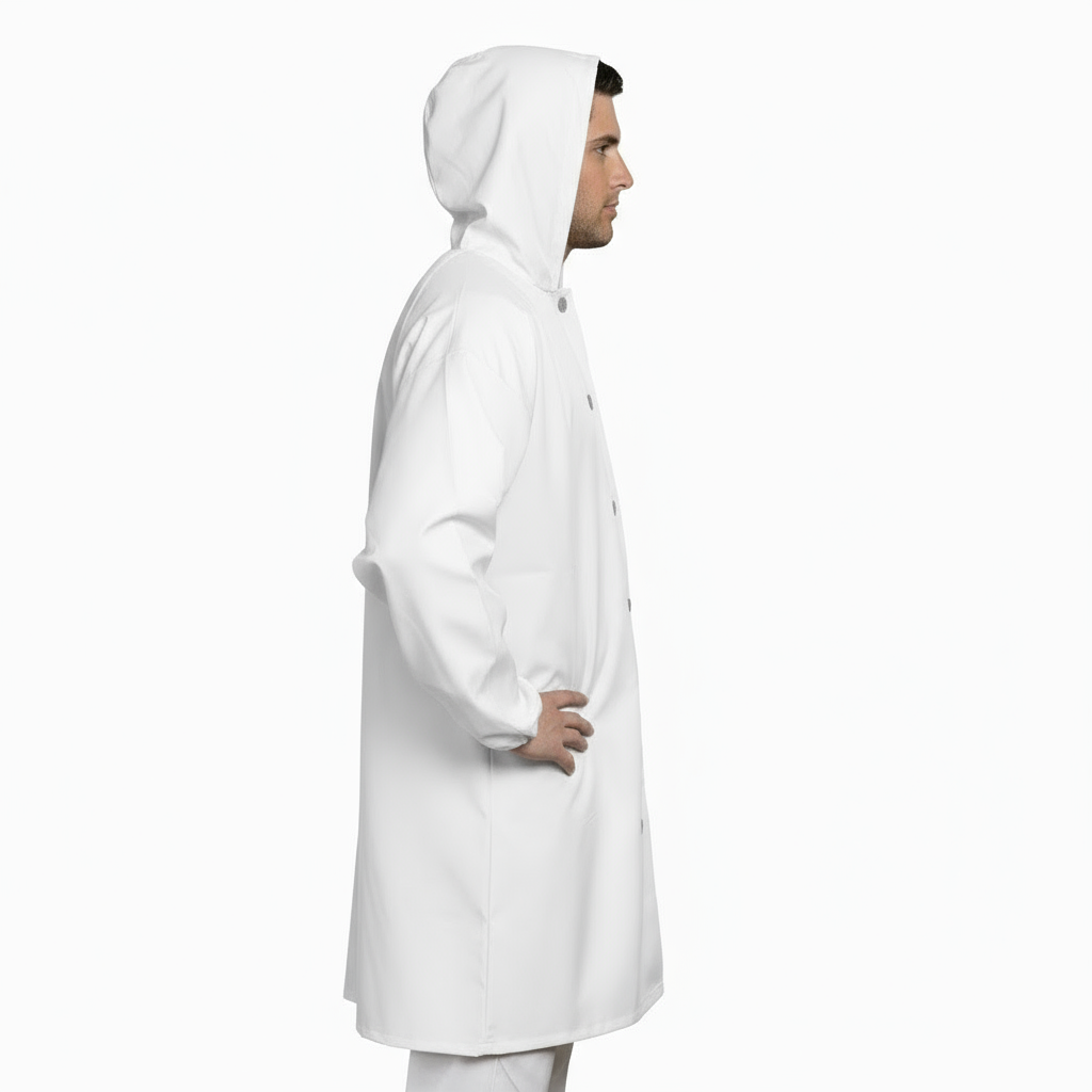 Camice da Macellaio con Cappuccio Bianco – No-Stiro, Idrorepellente, Cella Frigorifera | Cod. 80223