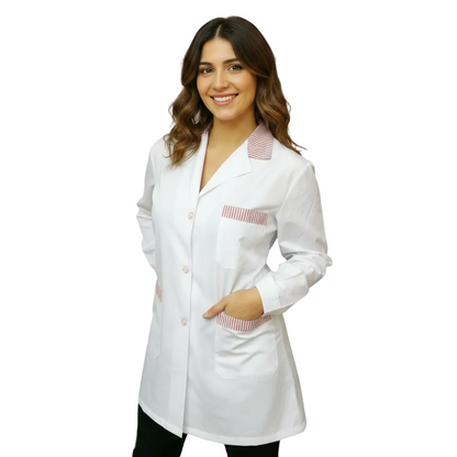 Casacca da Lavoro Donna Manica Lunga – Bianco con Profilo Rosso | Cod. 7234