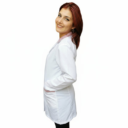 Casacca da Lavoro Donna Manica Lunga – Bianco con Profilo Rosso | Cod. 7234