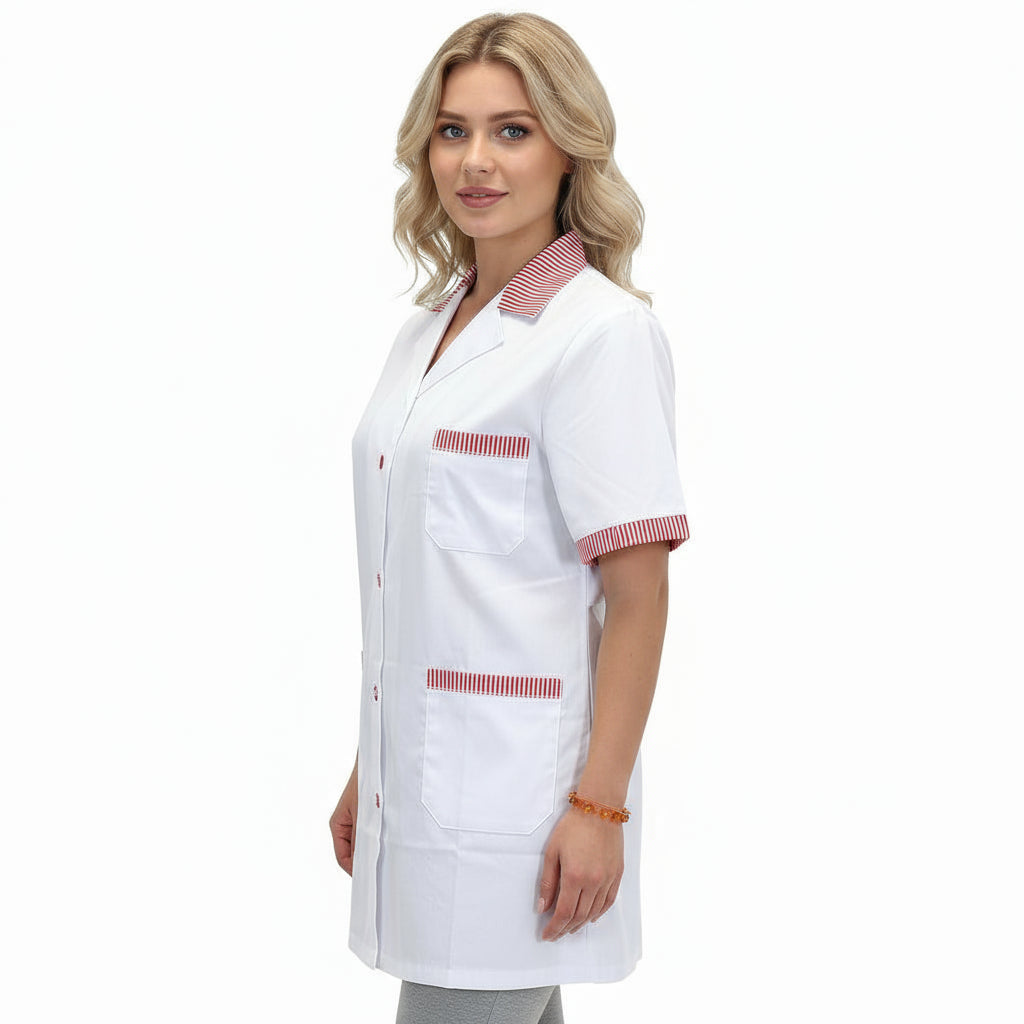 Casacca da Lavoro Donna Bianca con Profilo Rosso – Mezza Manica, Misto Cotone | Cod. 121019