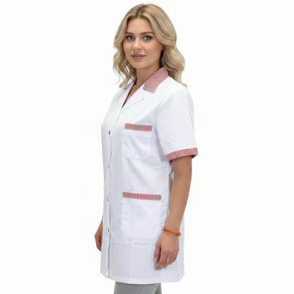 Casacca da Lavoro Donna Bianca con Profilo Rosso – Mezza Manica, Misto Cotone | Cod. 121019