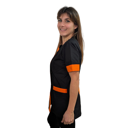 Bata de Trabalho para Senhora Preta com Perfil Laranja – Beleza, Esteticista, Educadora de Infância | Cód. 27019