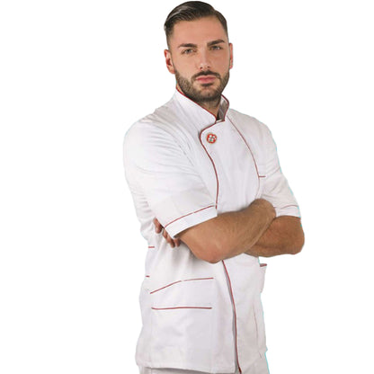 Jaleca de Pizzaiolo Branca Meia Manga - Inserções Vermelhas, 100% Algodão | Cód. 8026