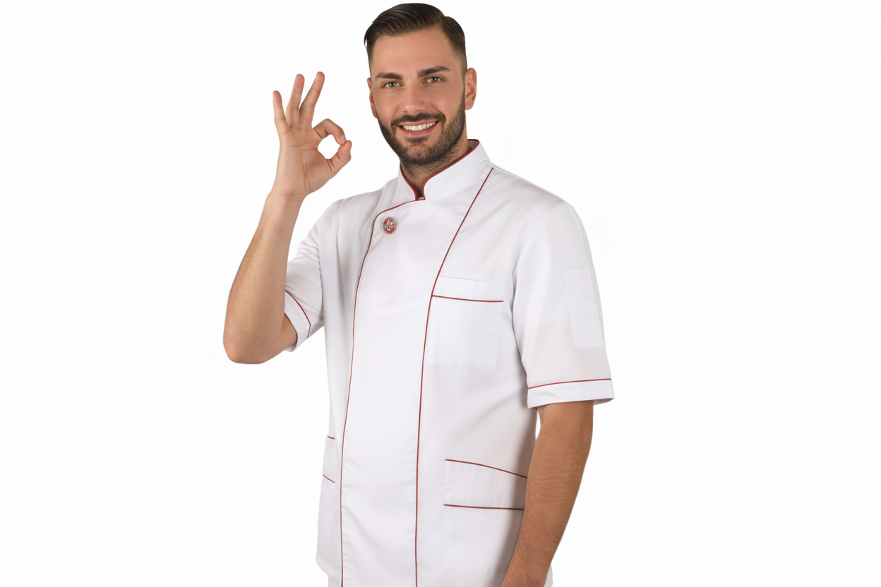 Jaleca de Pizzaiolo Branca Meia Manga - Inserções Vermelhas, 100% Algodão | Cód. 8026