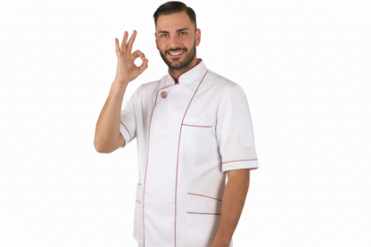 Jaleca de Pizzaiolo Branca Meia Manga - Inserções Vermelhas, 100% Algodão | Cód. 8026