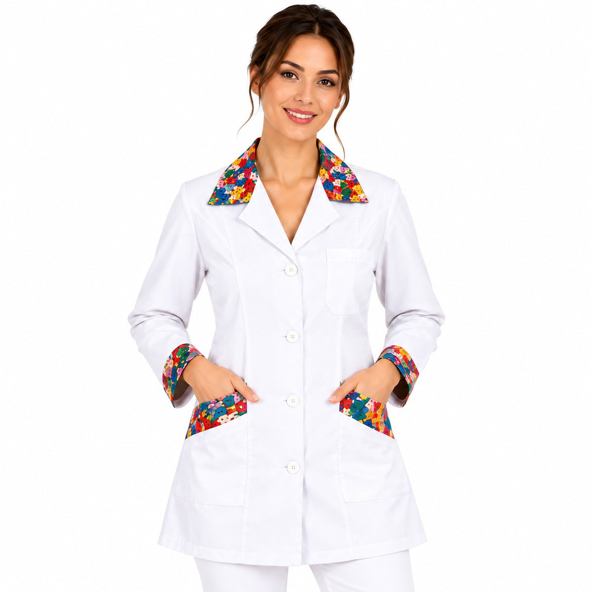 Camice da Lavoro Donna Slim Bianco con Inserto LETTERINE – Manica Lunga | Cod. 16592