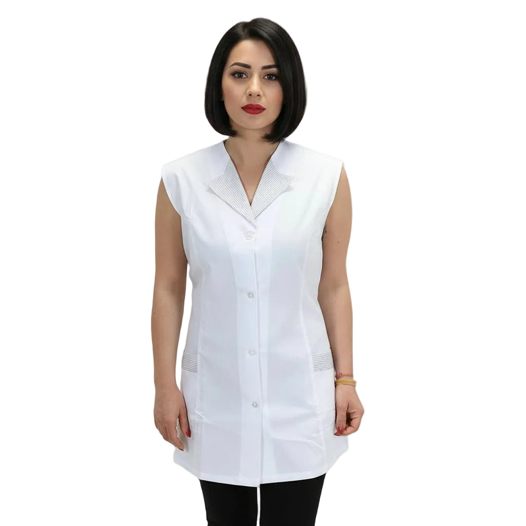 Casacca da Lavoro Donna Giromanica Bianco con Inserti Grigi - No Stiro -Cod 7029