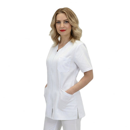 Casacca da Lavoro Donna con Zip – Mezza Manica, Bianca, 100% Cotone | Cod. 7043