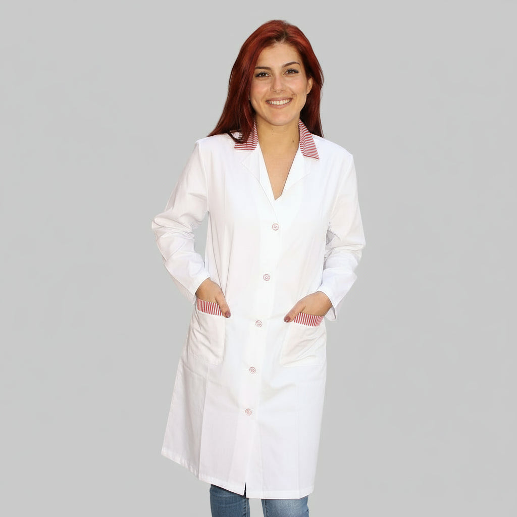Camice da Lavoro Donna Lungo Misto Cotone con Inserto Rosso -Cod 7630