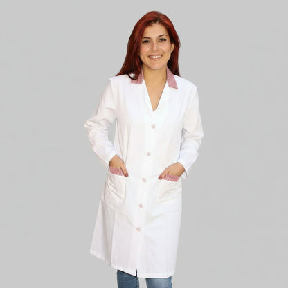 Camice da Lavoro Donna Lungo Misto Cotone con Inserto Rosso -Cod 7630