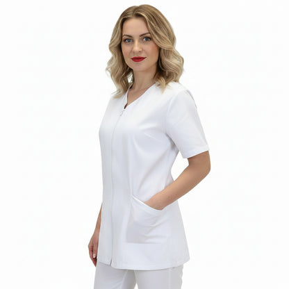 Casacca da Lavoro Donna con Zip – Mezza Manica, Bianca, 100% Cotone | Cod. 7043