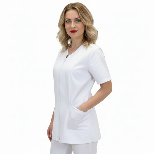 Casacca da Lavoro Donna con Zip – Mezza Manica, Bianca, 100% Cotone | Cod. 7043