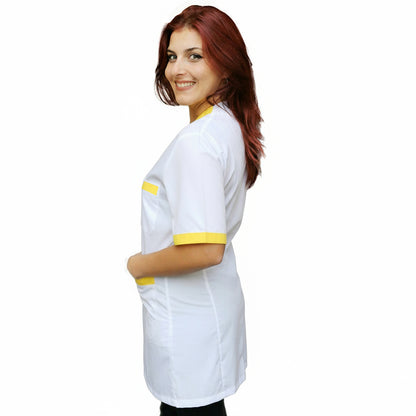 Casacca da Lavoro Donna Bianca con Profilo Giallo – Mezza Manica, Misto Cotone | Cod. 7609