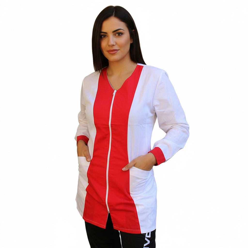 Casacca,camice da lavoro con zip, manica lunga bicolore "rosso" Cod:2206