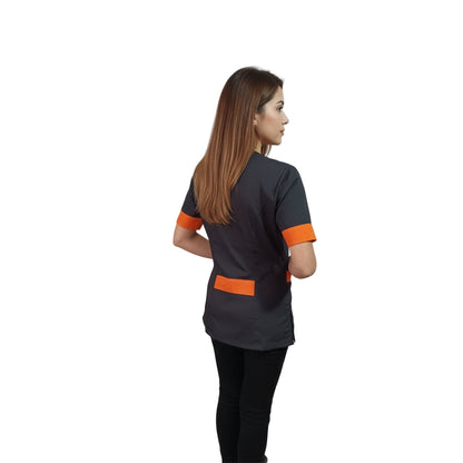 Bata de Trabalho para Senhora Preta com Perfil Laranja – Beleza, Esteticista, Educadora de Infância | Cód. 27019