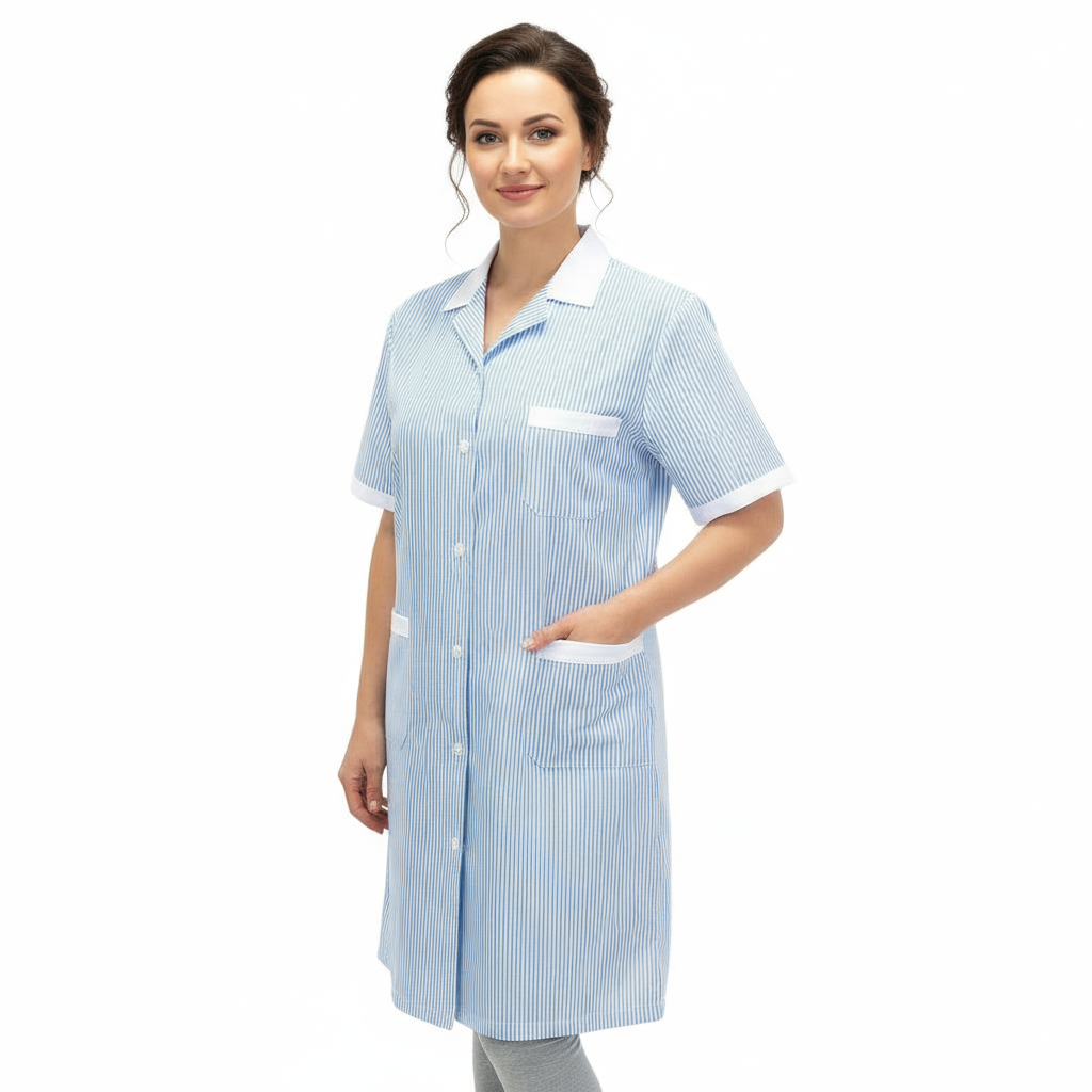 Camice da Lavoro Donna Lungo Fantasia Righe Azzurre Mezza Manica - Cod 7197
