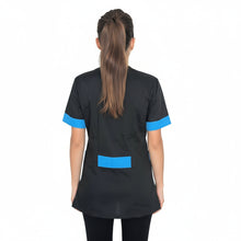 Lade das Bild in den Galerie-Viewer, Casacca da Lavoro Donna Nera Profilo Azzurro – Estetista, Parrucchiera, Beauty | Cod. 1206

