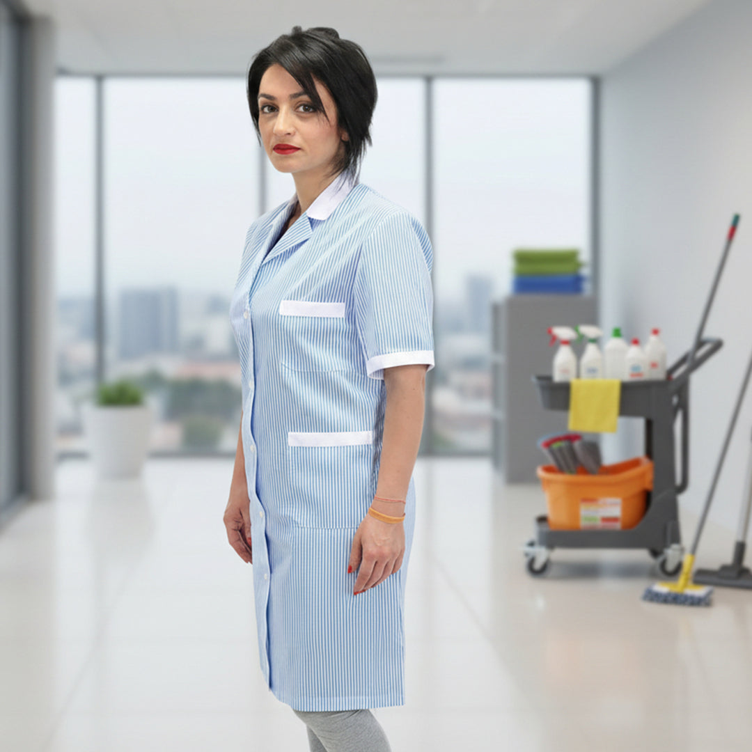 Camice da Lavoro Donna Lungo Fantasia Righe Azzurre Mezza Manica - Cod 7197