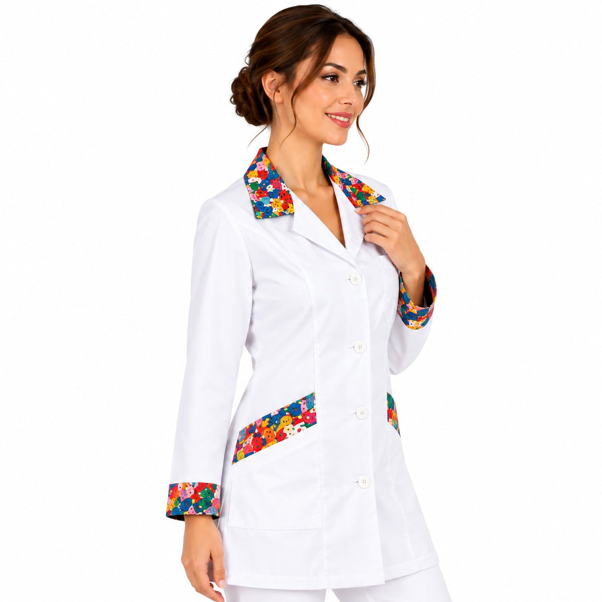 Camice da Lavoro Donna Slim Bianco con Inserto LETTERINE – Manica Lunga | Cod. 16592