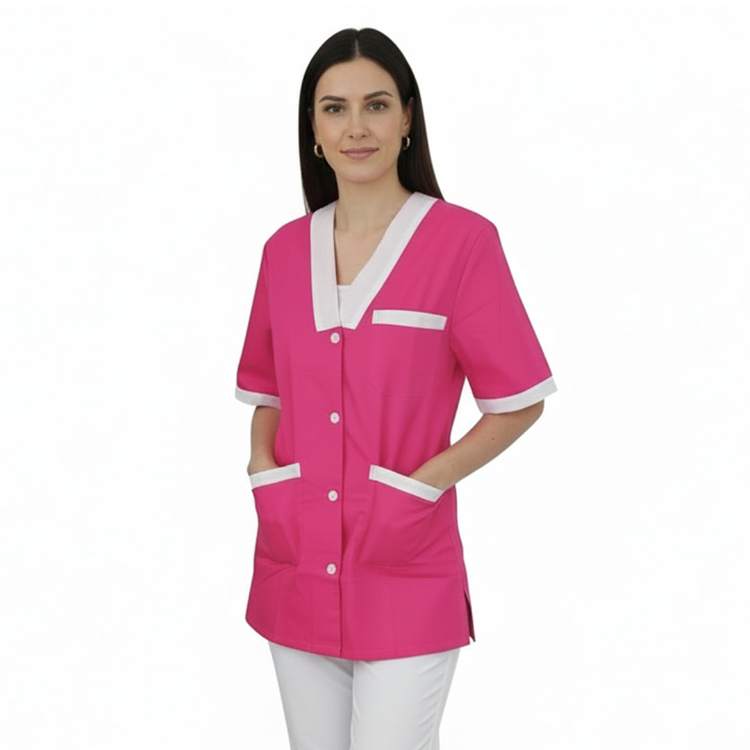 Camice da Lavoro Donna Fucsia Profilo Bianco – Alimentari, Colf, Maestra, Estetista | Cod. 201125