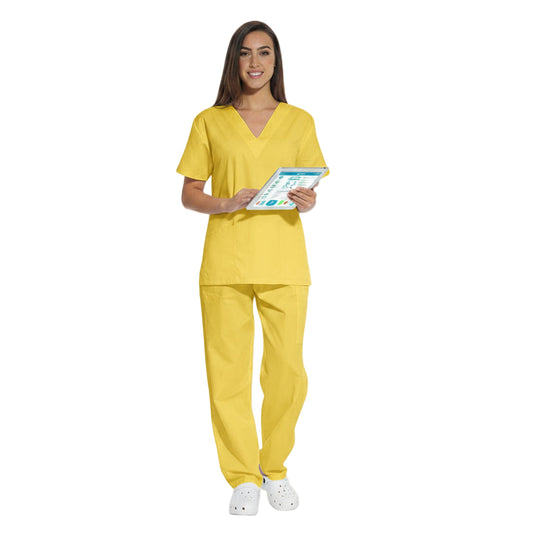 Uniforme de trabalho, completa, unissexo, gola em V "amarela" código: 1512