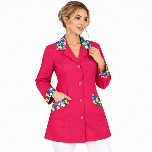 Camice da Lavoro Donna Slim Fuxsia con Inserto LETTERINE – Manica Lunga | Cod. 16591