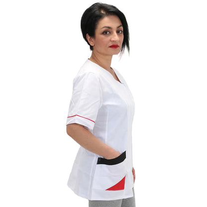 Casacca da Lavoro Donna Bianca Bicolore con Zip – Mezza Manica, 3 Tasche, Misto Cotone | Cod. 1306