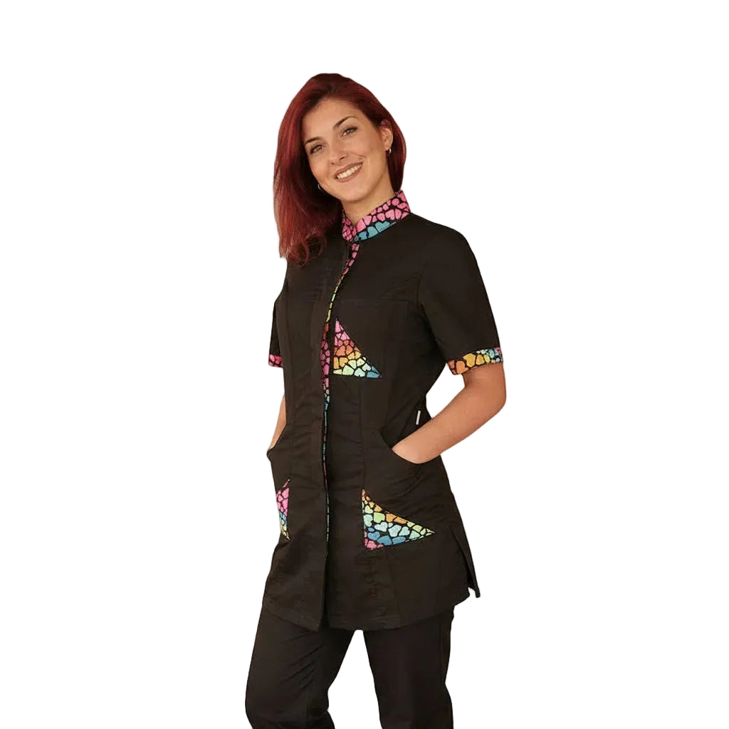 Camice da Lavoro Donna Nero con Inserti Colorati a Cuore - Made in Italy Cod 6947