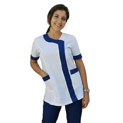 Túnica de Trabalho para Senhora Modelo Beauty – Branca com Inserção Azul | Cód. 290721