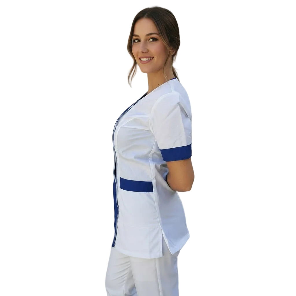 Túnica de Trabalho para Senhora Modelo Beauty – Branca com Inserção Azul | Cód. 290721
