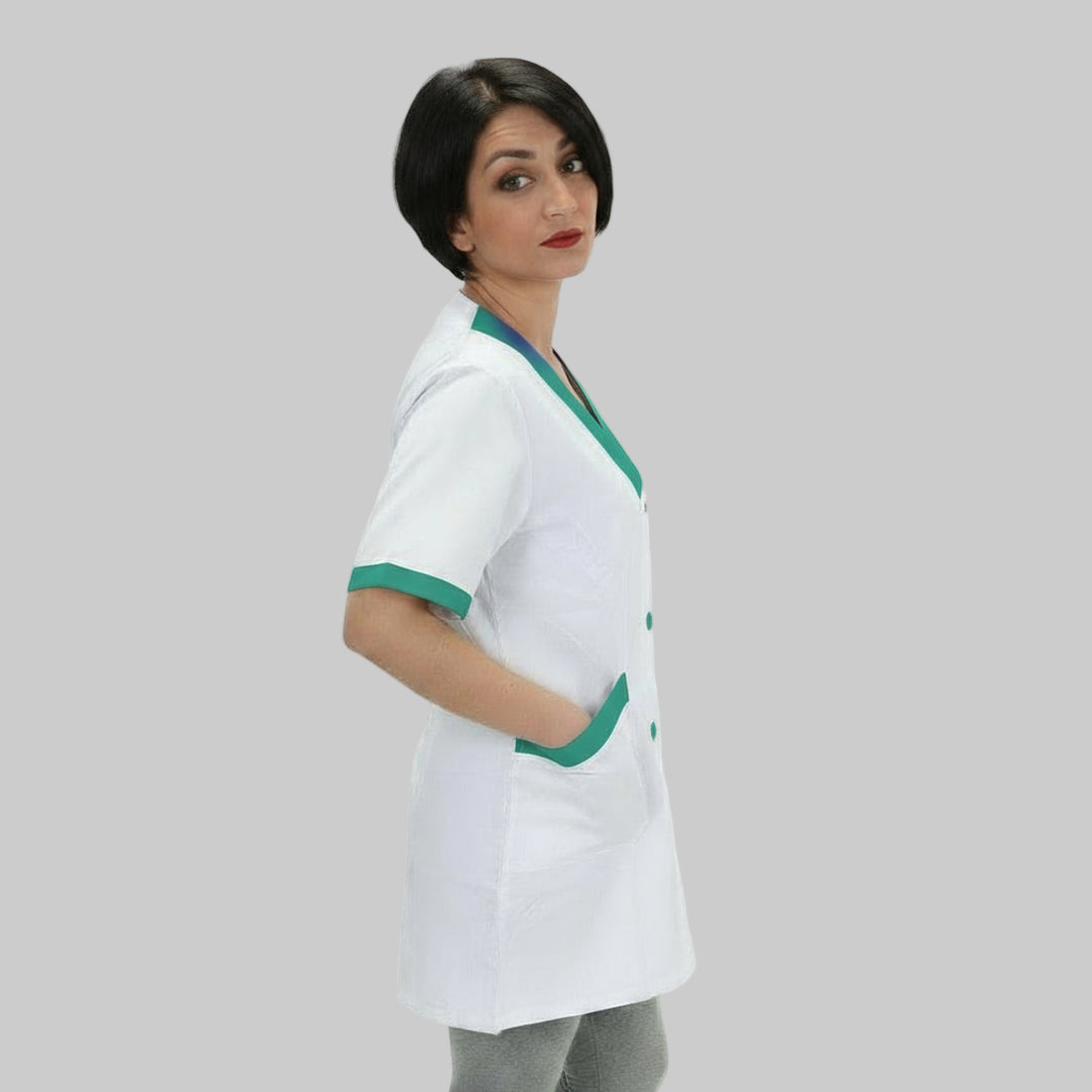 Túnica de Trabalho Senhora Meia Manga com Inserção Verde - Não Engomar - Cód 181119