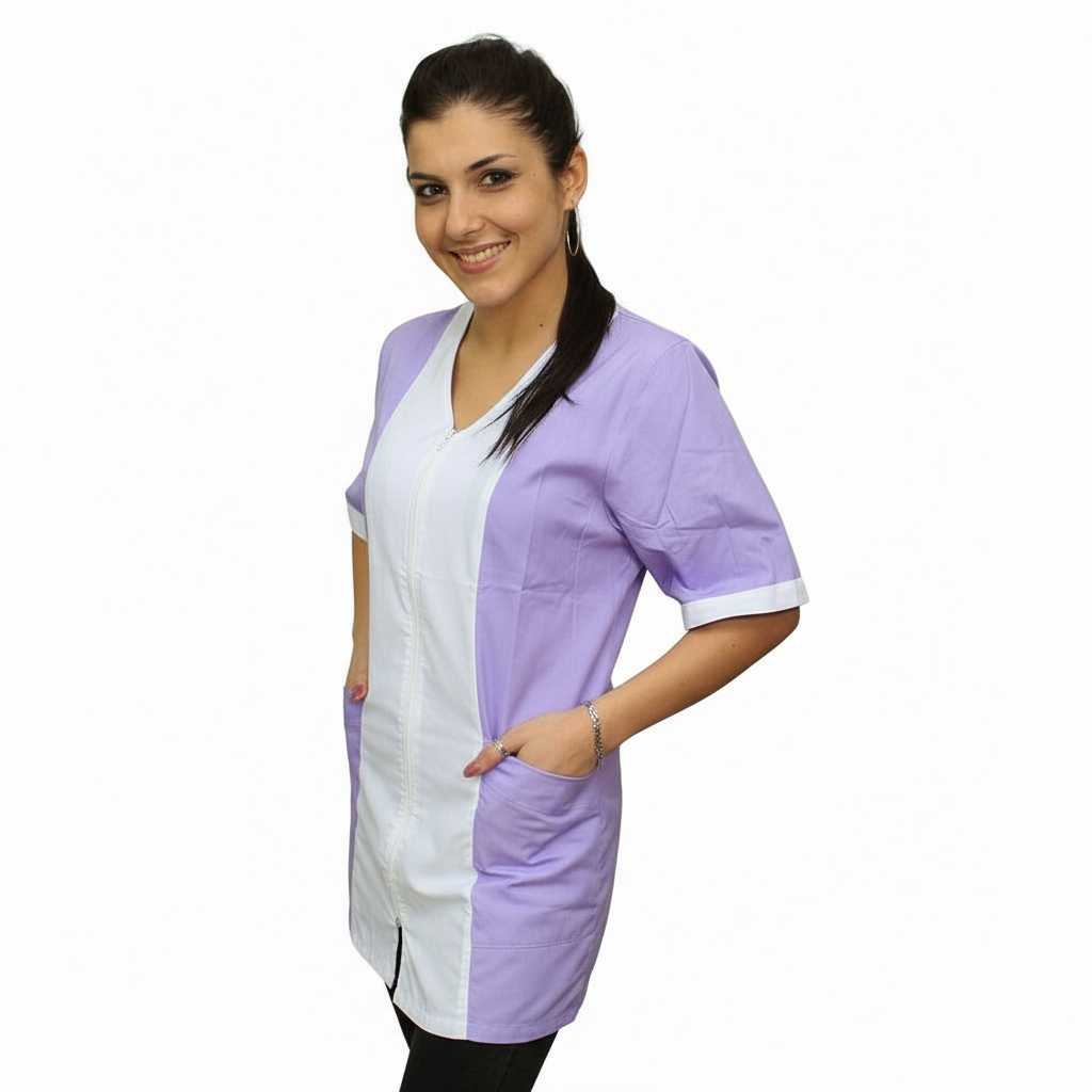 Casacca,camice da lavoro donna,zip, bicolore,mezza manica "glicine" cod: 2606