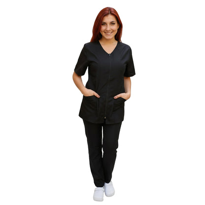 Divisa da Lavoro Donna con Zip – Nero | 100% Cotone Piquet | Cod. 0305