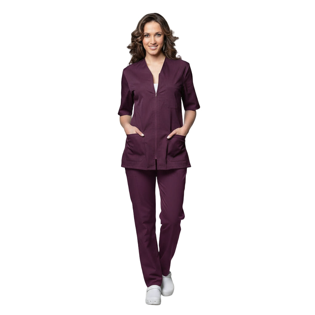 Uniforme de trabalho para senhora, com fecho de correr "ameixa" cód:8286