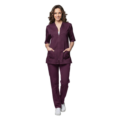 Uniforme de trabalho para senhora, com fecho de correr "ameixa" cód:8286