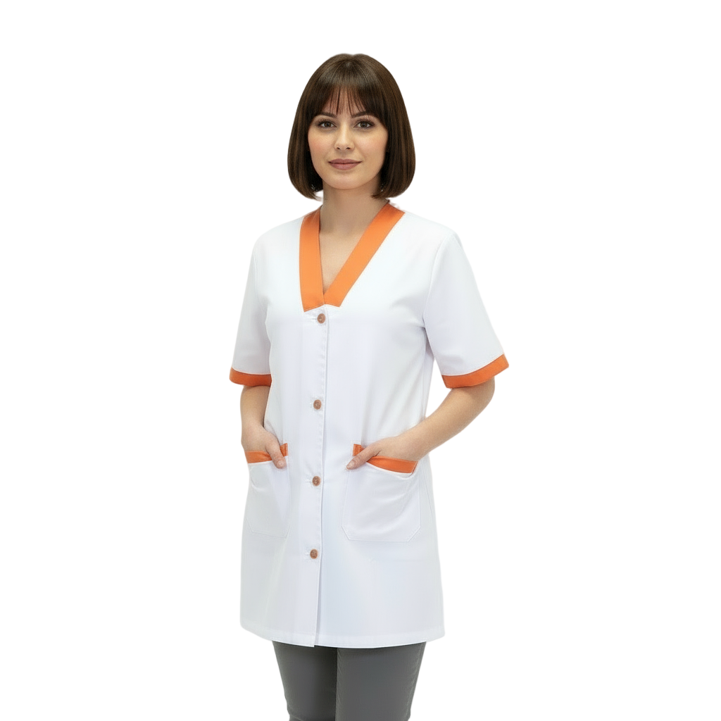 Casacca da Lavoro Donna Bianca con Profilo Arancione – Mezza Manica, 3 Tasche, Misto Cotone | Cod. 7586