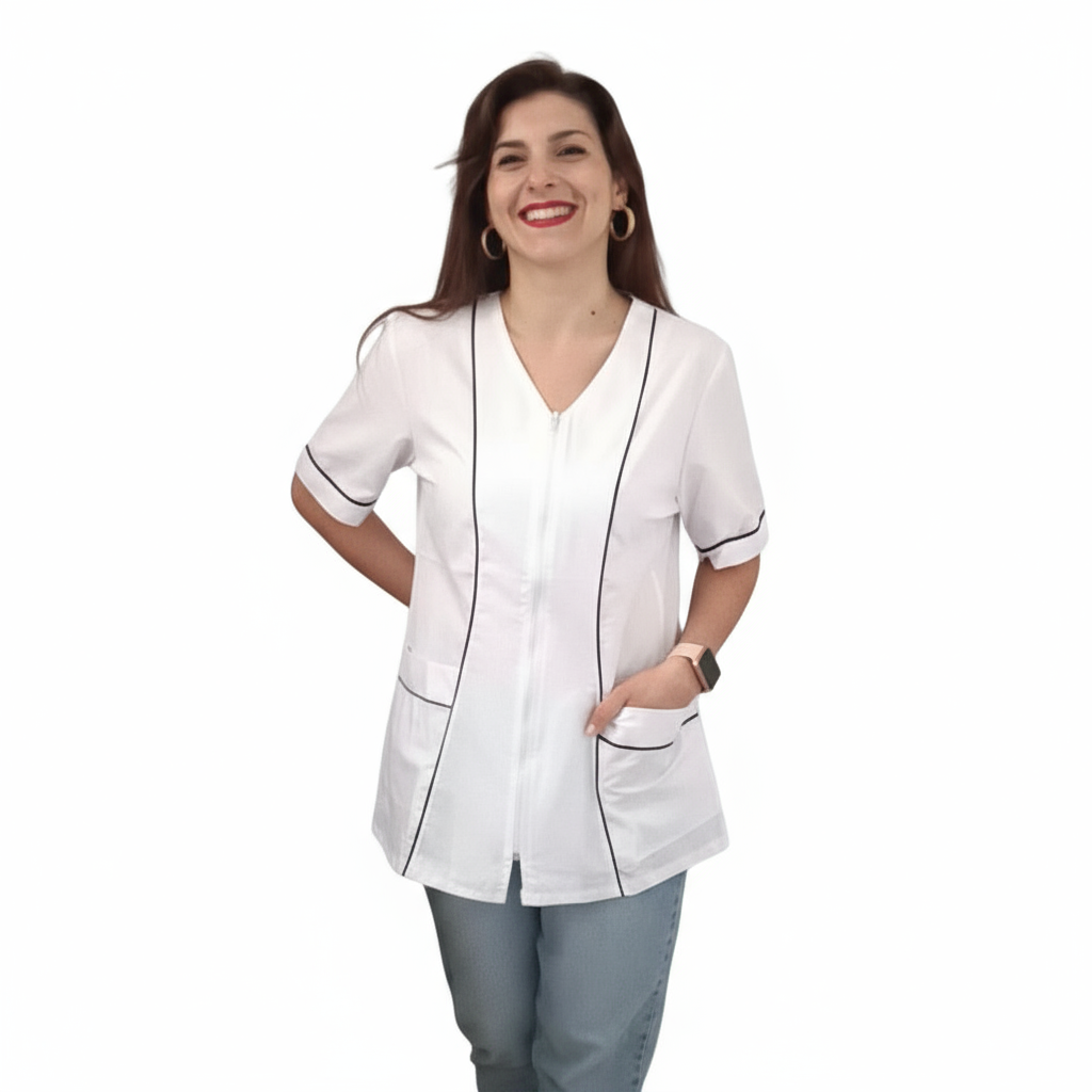 Túnica de Trabalho para Senhora com Fecho Éclair Branco com Perfil - Modelo Rosaria | Cód. 7203