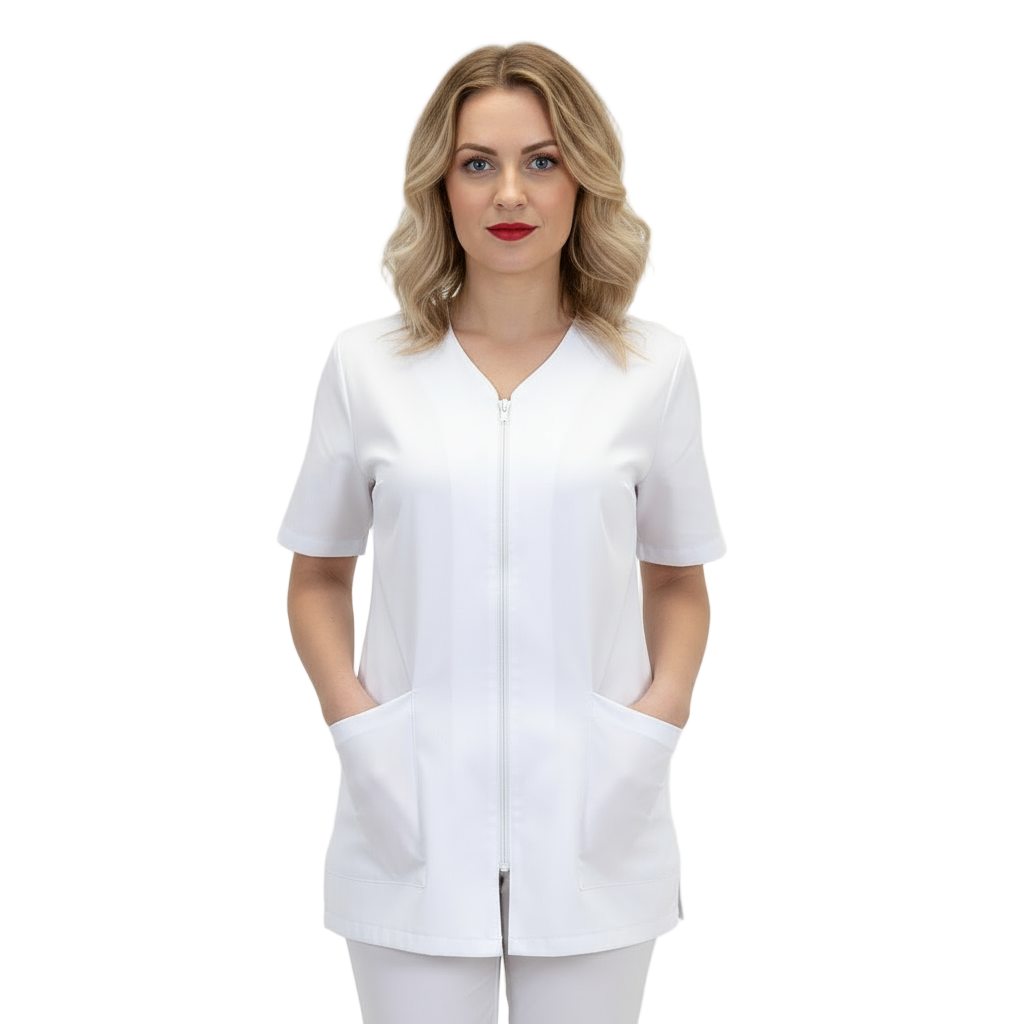 Casacca da Lavoro Donna con Zip – Mezza Manica, Bianca, 100% Cotone | Cod. 7043