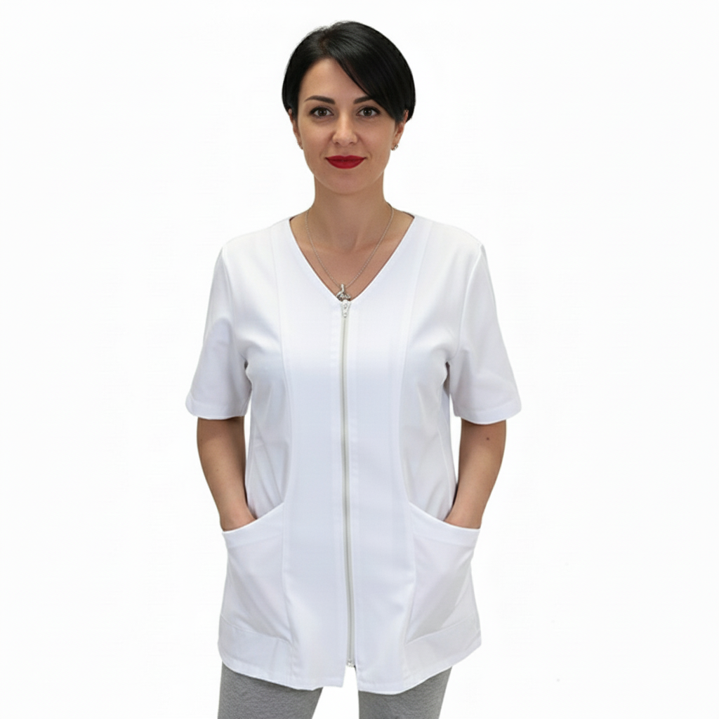 Casacca da Lavoro Donna con Zip – Mezza Manica, Bianca, 100% Cotone | Cod. 7043