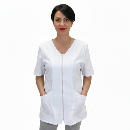 Casacca da Lavoro Donna con Zip – Mezza Manica, Bianca, 100% Cotone | Cod. 7043