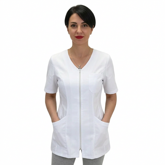 Casacca da Lavoro Donna con Zip – Mezza Manica, Bianca, 100% Cotone | Cod. 7043
