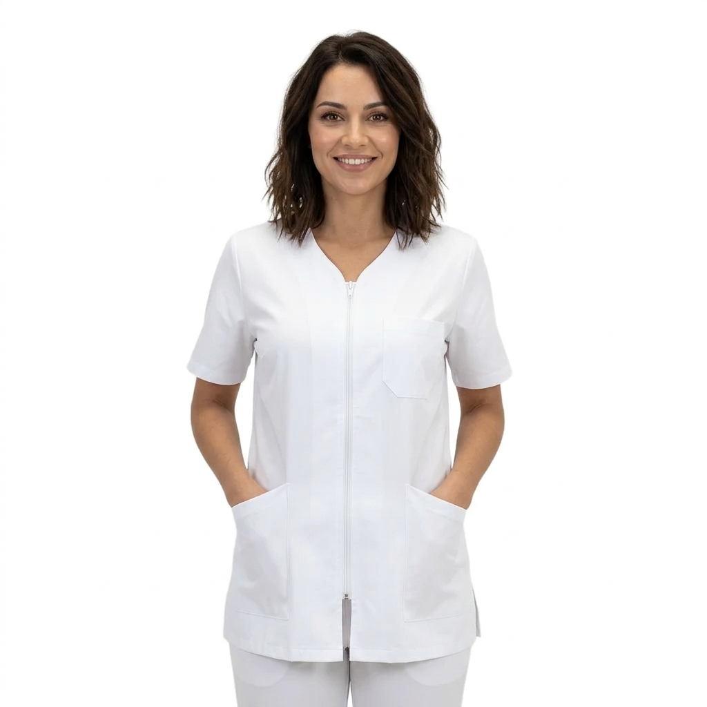 Casacca da Lavoro Donna con Zip – Mezza Manica, Bianca, 100% Cotone | Cod. 7043