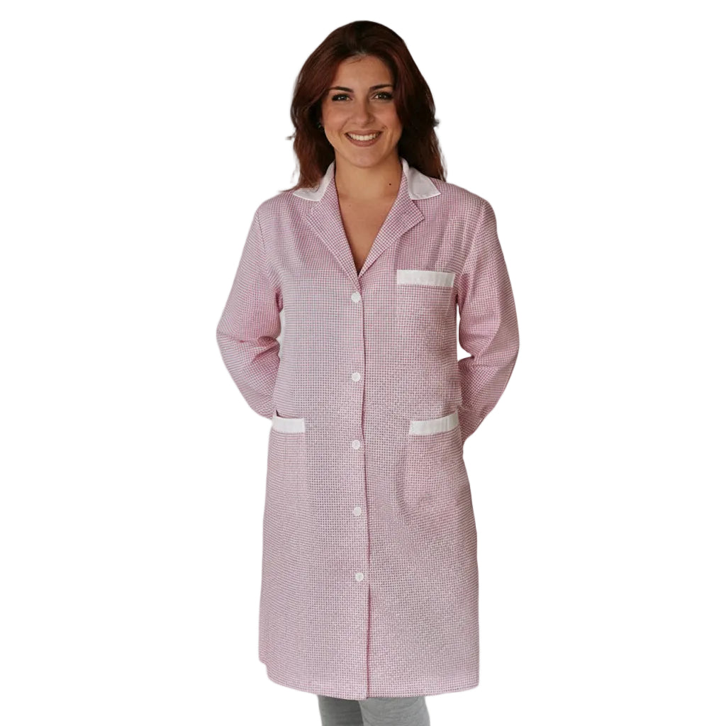 Camice da Lavoro Donna Fantasia Quadretto Rosa Manica Lunga - Cod 7456