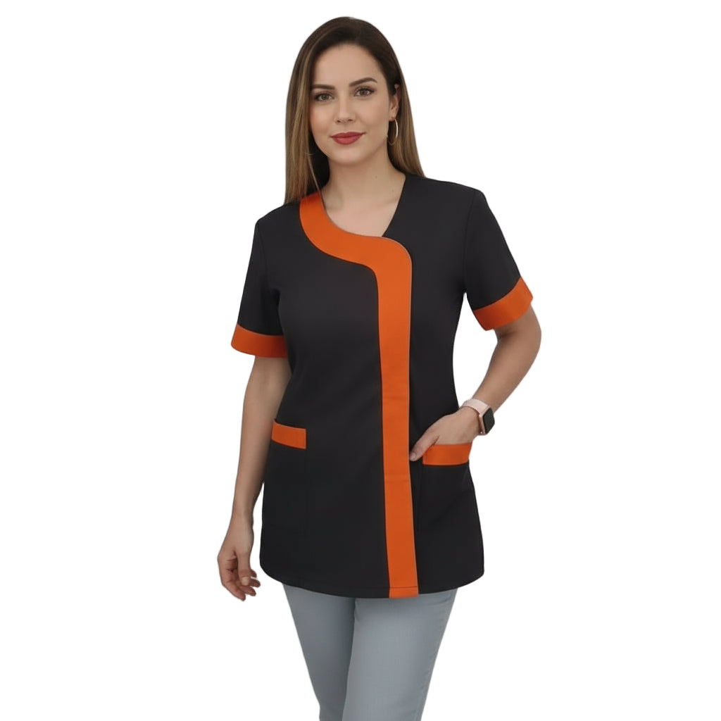 Bata de Trabalho para Senhora Preta com Perfil Laranja – Beleza, Esteticista, Educadora de Infância | Cód. 27019