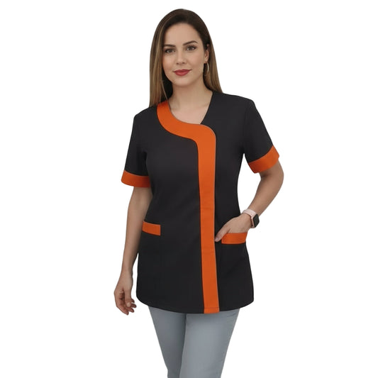 Bata de Trabalho para Senhora Preta com Perfil Laranja – Beleza, Esteticista, Educadora de Infância | Cód. 27019