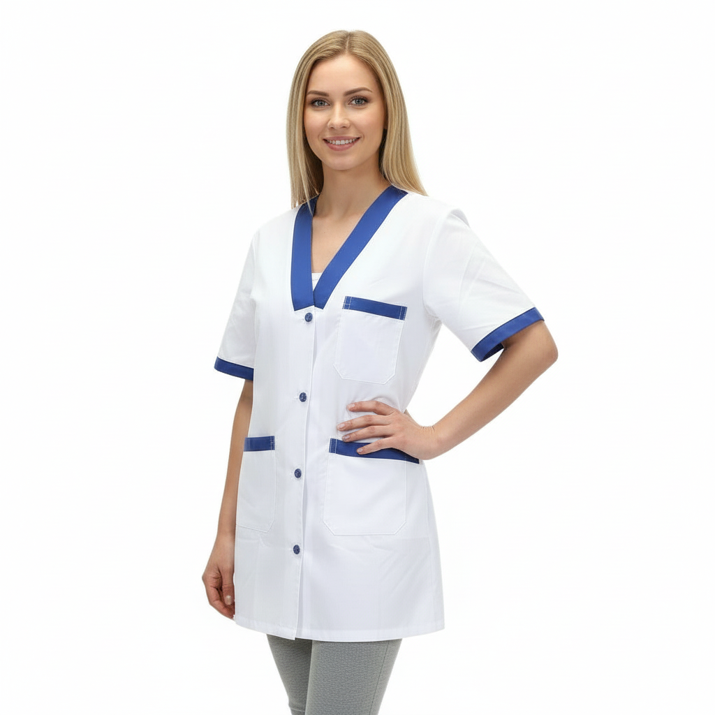 Casacca da Lavoro Donna Bianca con Profilo Blu Royal – Mezza Manica, Misto Cotone | Cod. 7616