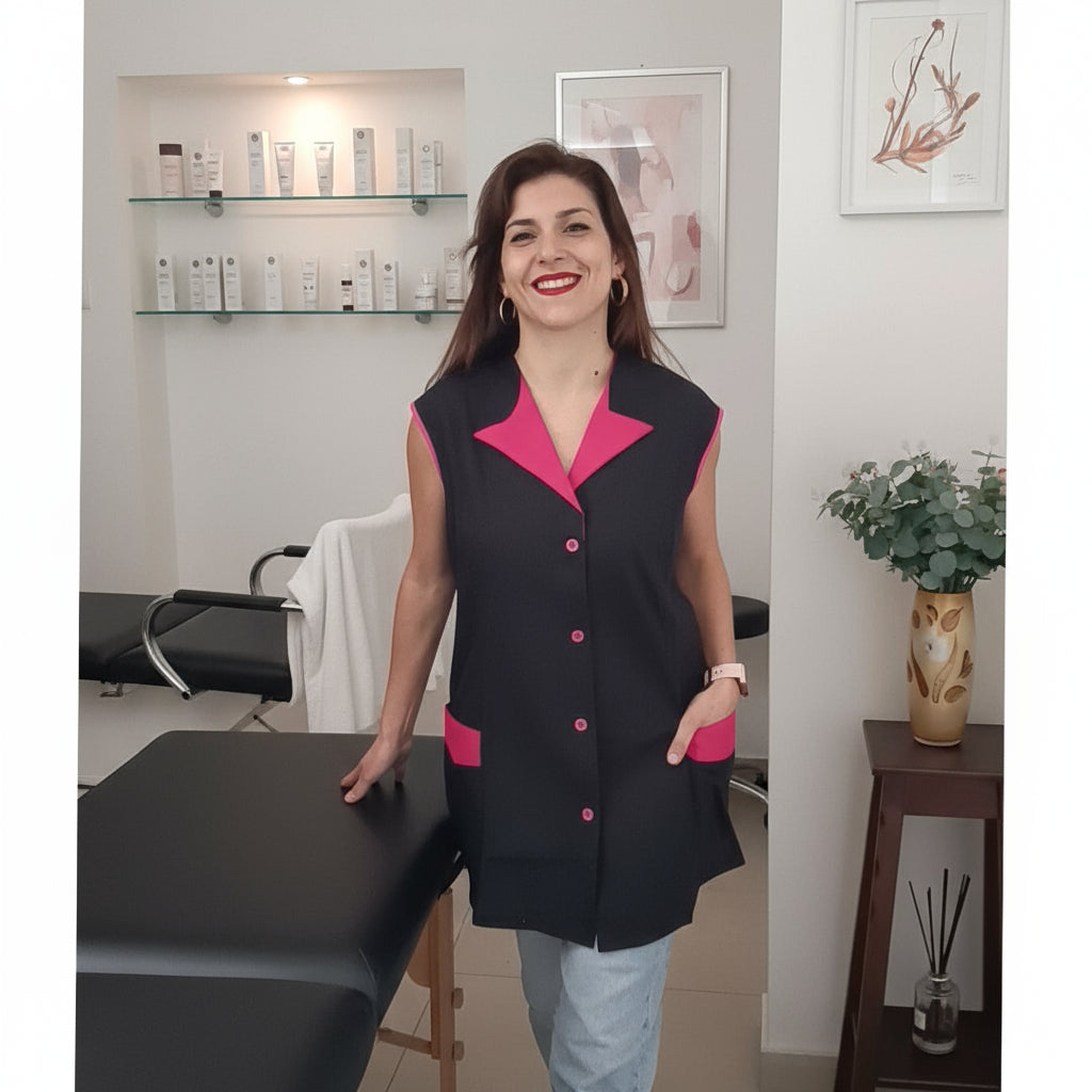 Casacca da Lavoro Donna Giromanica con Bottoni – Nero con Profilo Fuchsia | Cod. 1509