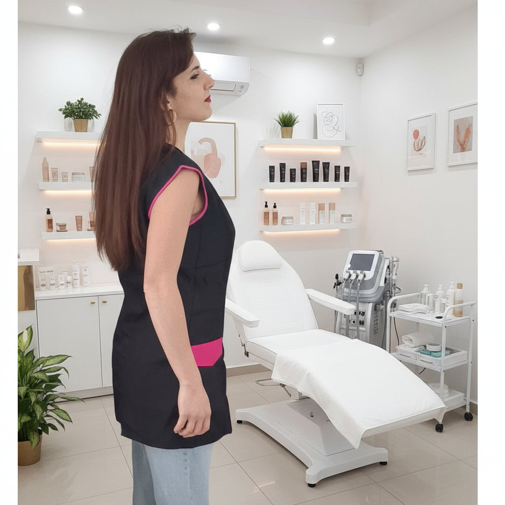 Casacca da Lavoro Donna Giromanica con Bottoni – Nero con Profilo Fuchsia | Cod. 1509